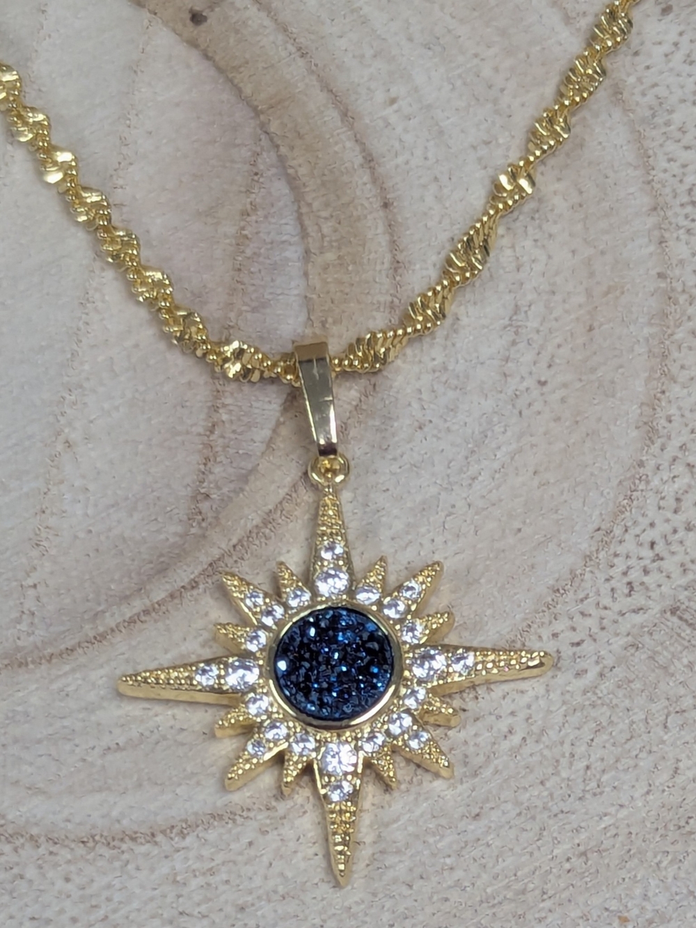 Dark Blue Natural Druzy Starburst Necklace 18K Gold Plated Celestial Pendant - Picture 3 of 4